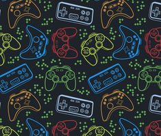 seamless pattern with video game controllers on black background