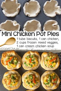 mini chicken pot pies in a muffin tin with text overlay that says mini chicken pot pies