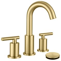 a gold faucet with two soap dispensers and a white background