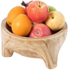 a wooden bowl filled with assorted fruit