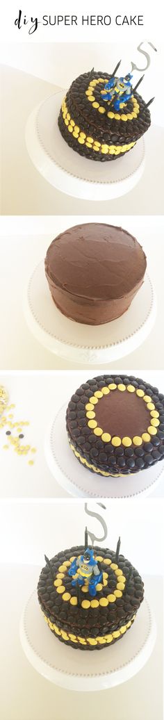 three pictures show how to make a cake with chocolate frosting and yellow icing