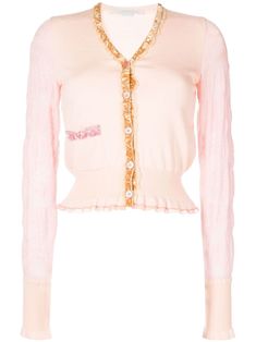 light pink virgin wool crushed velvet trim V-neck pointelle-knit long sleeves front button fastening front patch pocket ruffle hem ribbed trim Barbie Wardrobe, Pointelle Knit, Chic Leather, City Dress, Knitted Romper, Velvet Trim, Knit Sleeve, Animal Welfare, Knitwear Cardigan