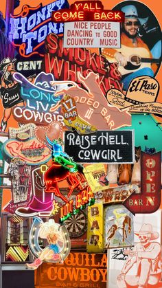 a collage of neon signs and other items on an orange background with the words,