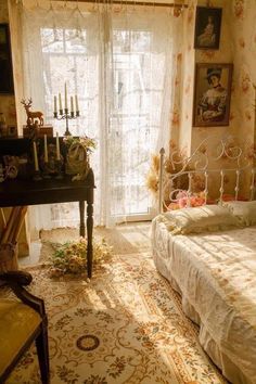 a bedroom with a bed, dresser and window in it's centerpieces