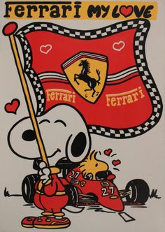 a cartoon character holding a flag with the words ferrari my love written on it,