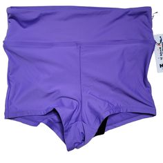 Nylon/Spandex New With Tags Summer Compression High Waist Athletic Shorts, Summer High Waist Compression Athletic Shorts, Stretch Summer Gym Bottoms, High-waist Compression Athletic Shorts For Summer, Purple Stretch Shorts With Elastic Waistband, Purple Stretch Nylon Swimwear, Purple Nylon Workout Bottoms, High Waist Stretch Biker Shorts For Beach, Summer High Waist Nylon Athletic Shorts