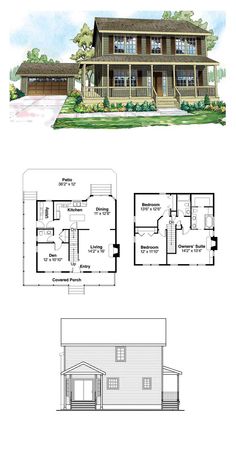 two story house plans with garage and living room on the first floor, and second level