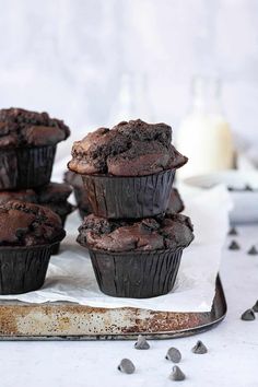 chocolate muffins are stacked on top of each other