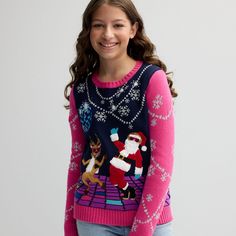 Give her holiday wardrobe a quirky refresh with this girls' festive disco Santa graphic sweater from 33 Degrees. Click on this KIDS APPAREL & SHOES GUIDE to find the perfect fit and more!Give her holiday wardrobe a quirky refresh with this girls' festive disco Santa graphic sweater from 33 Degrees. Click on this KIDS APPAREL & SHOES GUIDE to find the perfect fit and more!FEATURES Crewneck Long sleeves 3D graphic on chestFABRIC & CARE Acrylic Machine wash Imported Size: XXL PLUS. Color: Pink. Gen Graphic Sweaters, Holiday Wardrobe, Fabric Care, Sweater Top, Perfect Fit, Girl Outfits, Kids Outfits, Plus Size, Festival