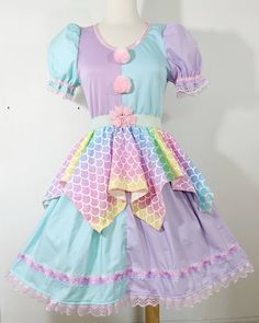 Fairy Kei Short Sleeve Dress For Costume Party, Multicolor Ruffled Dress For Costume, Pastel Goth Fitted Costume Dress, Multicolor Carnival Costume Dress, Pastel Goth Costume Dress, Whimsical Multicolor Dress For Costume Party, Pastel Clown Aesthetic, Clown Core Fashion, Clowncore Fashion