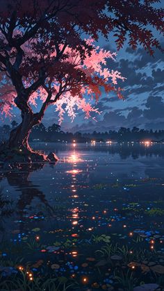 a painting of a tree and its reflection in the water at night with bright lights