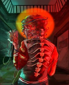 a painting of a skeleton holding something in his hand and looking at the camera with red light coming from behind it