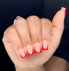 Red Shorties Nails, Red Overlay Nails, Red Short French Tip Nails, Red French Tip Short Nails, Red Inspo Nails, Short Red Square Nails, Short Red French Tip, Red French Tip Toes, Red Acrylic Nails Short