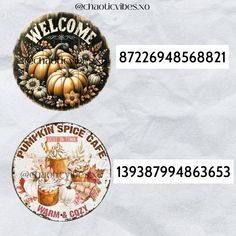 two plates with pumpkins on them sitting next to each other in front of a white paper background