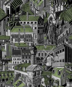 an artistic drawing of green roofs and buildings in black and white, with the city's steeples visible