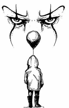 a black and white drawing of a person looking at an evil face