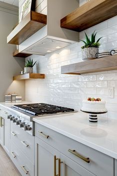 a kitchen with white counter tops and wooden shelving above the stove top is filled with potted plants