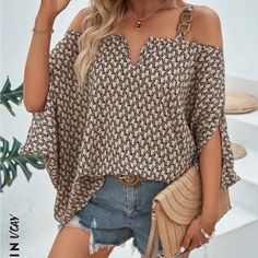 Batwing All Over Print Batwing Sleeve Blouse, Chain Decor, Bat Sleeve, Dolman Sleeve Tops, Cold Shoulder Blouse, Geo Print, Loose Tops, Blouse Shirt, Lantern Sleeve