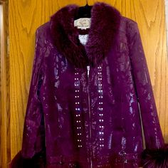 Beautiful Very Detailed, Very Light Jacket! Beautiful Color, Fur Is The Same Color! Very Original! States Xl , But More Like Medium! Luxury Long Sleeve Purple Outerwear, Luxury Fitted Purple Outerwear, Purple Suede, Suede Jacket, Light Jacket, Leather Jackets, Color Purple, Beautiful Colors, Cute Outfits