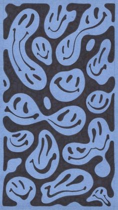 an abstract blue and black painting with swirls in the center, on a light blue background