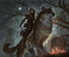 a woman riding on the back of a wolf