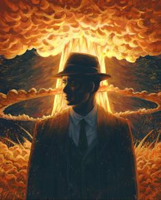 a painting of a man wearing a suit and tie in front of an orange sky