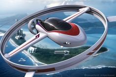 a futuristic flying vehicle in the air over an island and ocean with blue water behind it