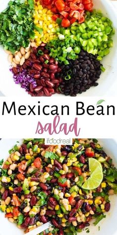 mexican bean salad in a white bowl with lime wedges on the side and an image of