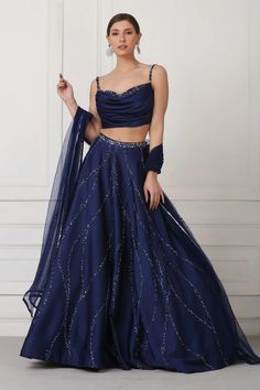 Buy Pooja Peshoria Blue Satin Embellished Lehenga Set Online | Aza Fashions Sangeet Outfit, Simple Lehenga, Trendy Outfits Indian, Indian Outfits Lehenga, Lehenga Designs Simple, Lehnga Dress, Lehenga Blouse Designs, Gaun Fashion, Blue Lehenga