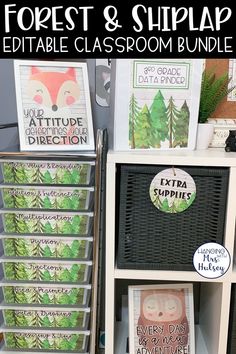 the forest and shiplap classroom bundle is on display in front of other books