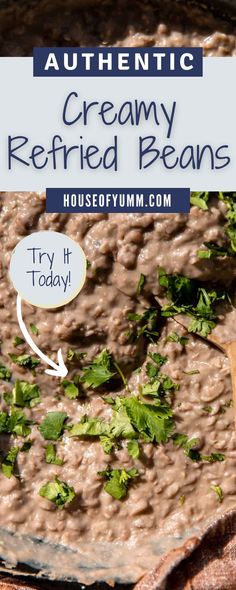 creamy refried beans in a bowl with a wooden spoon on the side and text overlay that reads authentic creamy refried beans