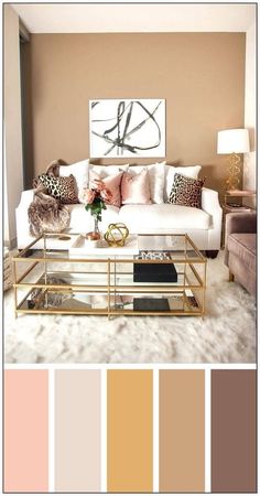 a living room filled with furniture and lots of color swatches in shades of brown, pink