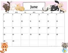 a calendar with cats and kittens on it for the month of june, 2013