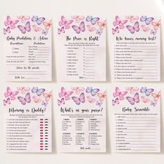 butterfly baby shower game cards with pink and blue butterflies on them, set of 6