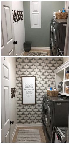 two pictures of a laundry room with washer and dryer in the same area