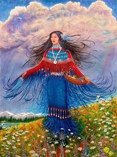 a painting of a woman with long hair standing in a field under a cloudy sky