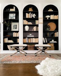 a living room filled with furniture and bookshelves next to a rug on top of a hard wood floor