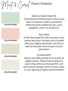 the color scheme for paint palettes is shown in white, green, and pink