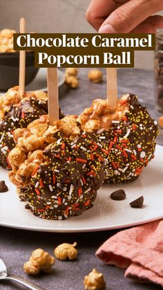 chocolate covered caramel popcorn pop bites on a white plate