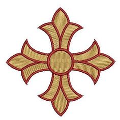 an embroidered cross with red thread on it