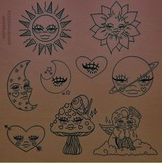 some drawings on a piece of paper with sun, moon and other things in it