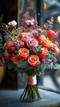 a bouquet of flowers sitting on top of a table