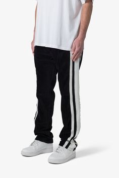 Baggy Velour Track Pants - Black Streetwear Sweatpants With Three Stripes, Casual Streetwear Pants With Contrast Stripes, Casual Pants With Contrast Stripes For Streetwear, Wide Leg Pants With Three Stripes For Streetwear, Streetwear Trousers With Side Stripes, Streetwear Cotton Pants With Side Stripes, Streetwear Sweatpants With Side Stripes, Streetwear Bottoms With Contrast Stripes, Black Pants With Contrast Stripes For Streetwear