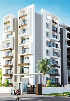 two tall white buildings with balconies on the top and bottom floors are shown