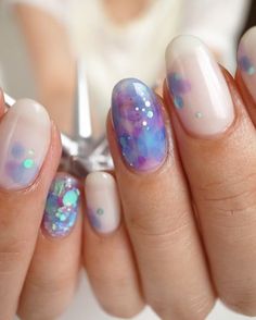 Pinterest: pureheroine Watercolour Nail Art, Watercolour Nails, Manicured Nails, Galaxy Nail Art, Galaxy Nails, Her Nails, Blue Nail, Get Nails