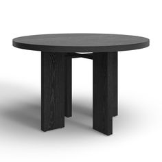 a round table with black wood legs on an isolated white background, viewed from the front