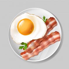 an egg and bacon on a plate - food objects