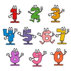 cartoon numbers with faces and hands in different colors