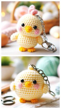 a small crocheted chicken keychain is shown in two different photos, one with