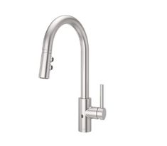 the kitchen faucet is stainless steel and has a pull - out sprayer